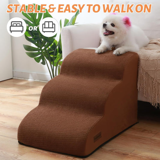 3-Step Dog Ramp and Stairs for Sofa and Chair - Non-Slip Sturdy Pet Steps for Small Dogs and Cats,15.7" H,Brown