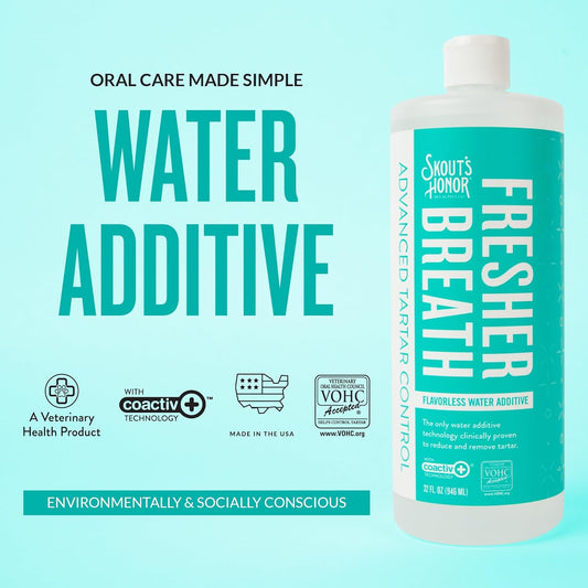 SKOUT'S HONOR Fresher Breath Flavorless Water Additive - VOHC Accepted for Tartar Control, Freshens Breath Fast, No Brushing Required, 32 oz