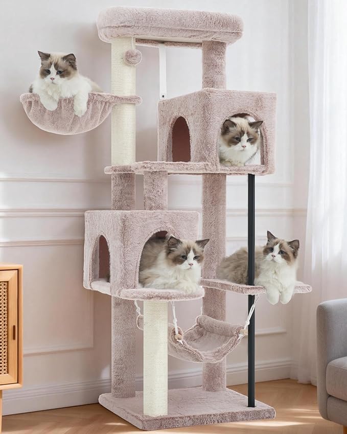 51.2'' Cat Tree Tower, Cat Tower with Scratching Post, Sturdy Steel Pube Cat Tree for Inoor Cats Large Adult, Cat Hammock and Basket, Padding Top Platform, Mushroom GCT014MU