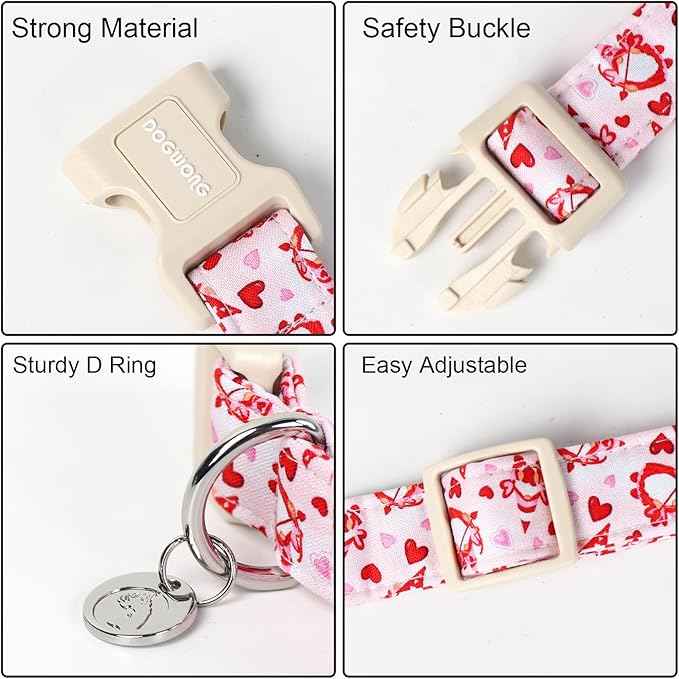 DOGWONG Valentine's Dog Collar, Adjustable Durable Pink Heart Dog Collar Cute Dog Collar for Small Medium Dogs