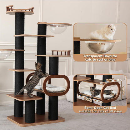 70.8'' Tall Luxury Cat Tree,All i,ne One Black Walnut Wood Modern Cat Tower for Indoor Large,Huge Multi-Level Cat Furniture with Scratching Posts,Condo,Cushion,Clear Bowl,Platform for Home Decoration