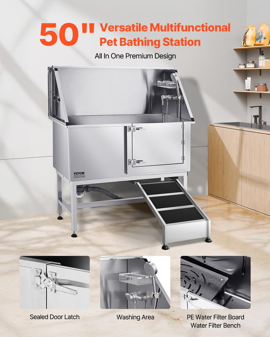 VEVOR Stainless Steel Dog Washing Station, 50 inch Pet Grooming Tub w/Ramp, PE Water Filter Board, Faucet & Showerhead & Soap Holder Dog Bathtub for Large & Medium & Small Pets (Right Door)