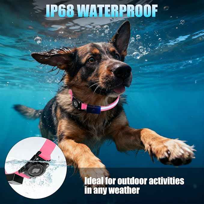 LED AirTag Dog Collar - Brightest Light Up Dog Collars - IP68 Waterproof Air Tag Dog Collar Holder - 1,600 Feet of High Visibility - Magnetic Charging - Dog Lights for Night Walking, Pink L