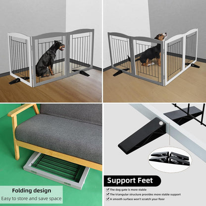 ZJSF Freestanding Dog Fence Indoor, Foldable Dog Gate for Doorways, Stairs or Hallways, Sturdy Wood Extra Wide Pet Gate with Support Feet for The House, Grey, 24 "Height-3 Panels