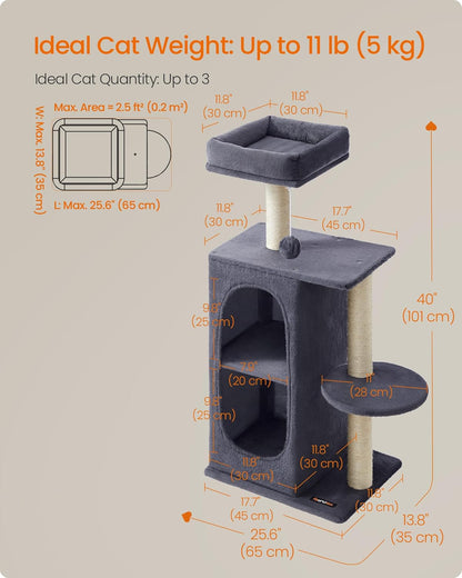 Feandrea Cat Tree Tower with 2 Caves for Multi-Cat Households, Kittens, Scratching Posts, Dark Gray UPCT005G02