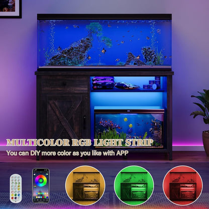 4ever2buy 55 Gallon Fish Tank Stand with LED Light & Power Outlets, 55-75 Gallon Aquarium Stand with Drawer & Barn Door, Cabinet for Fish Tank Accessories Storage for Reptile Tank, Turtle Tank, Oak