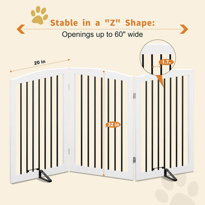 Freestanding Pet Gate for Dogs, Foldable Wooden Dog Gate for House Indoor, Tall Pet Fence for Stair, Doorway,Hall, Support Feet Included, 3 Panels 32",White