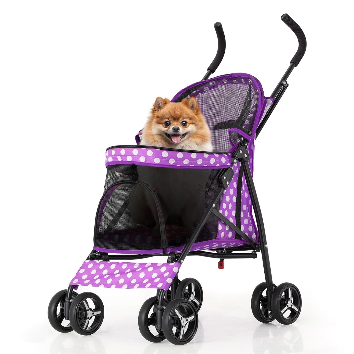MoNiBloom 4 Wheels Pet Stroller, Easy-Fold Umbrella Shaped Dog Cat Jogger Stroller w/Storage Bag & Visible Mesh for Small/Medium Dogs Cats Purple Polka Dots - Pawvie