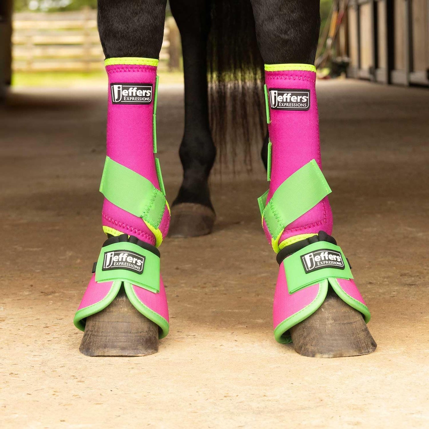 Jeffers Expression Neon Horse Boots 1 Pair – Pink & Lime, Breathable Neoprene with Secure Strap Closures, Durable Premium Protection for Jump Training & Trail Riding – Front & Hind, Medium Size