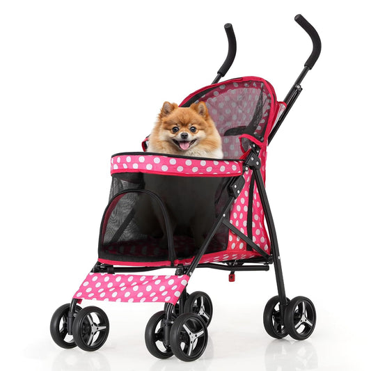 MoNiBloom 4 Wheels Pet Stroller, Easy-Fold Umbrella Shaped Dog Cat Jogger Stroller w/Storage Bag & Visible Mesh for Small/Medium Dogs Cats Hot Pink Polka Dots - Pawvie