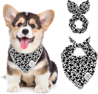 E-Clover Cow Print Dog Bandanas & Matching Scrunchie Set Fall Cowboys Theme Dog Scarf Bibs Pet Bandana with Bow Tie for Small Dogs Puppy Owner Mom Black White