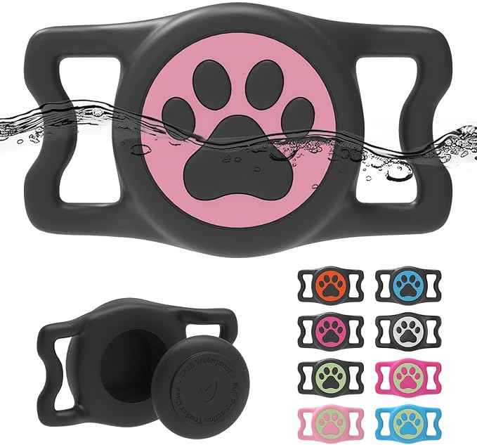 Waterproof Dog Collar Air tag Holder,Stretchy Silicone Full Body Covered Apple Air Tag Holder for Dog Cat Collars (Black-Pink)