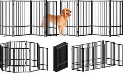 Full Metal Freestanding Dog Gate with Door, 32''Height Foldable Pet Dog Fence for Indoor & Outdoor, 8 Panels Extra Wide Free Standing TallDog Gates for Doorways,House,Stairs,Porch,Deck,Yard