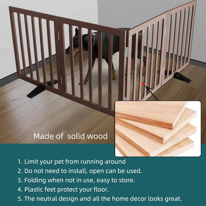 ZJSF Freestanding Indoor Dog Gate for House Foldable Wood Puppy Gate for Doorways Pet Gate for Stairs Extra Wide Pet Fence, Brown, 32" Height 4 Panels
