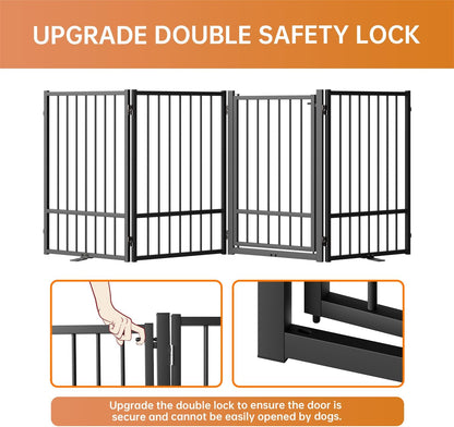 Full Metal Freestanding Dog Gate with Door, 32''Height Foldable Pet Dog Fence for Indoor & Outdoor, 4 Panels Extra Wide Free Standing TallDog Gates for Doorways,House,Stairs,Porch,Deck,Yard