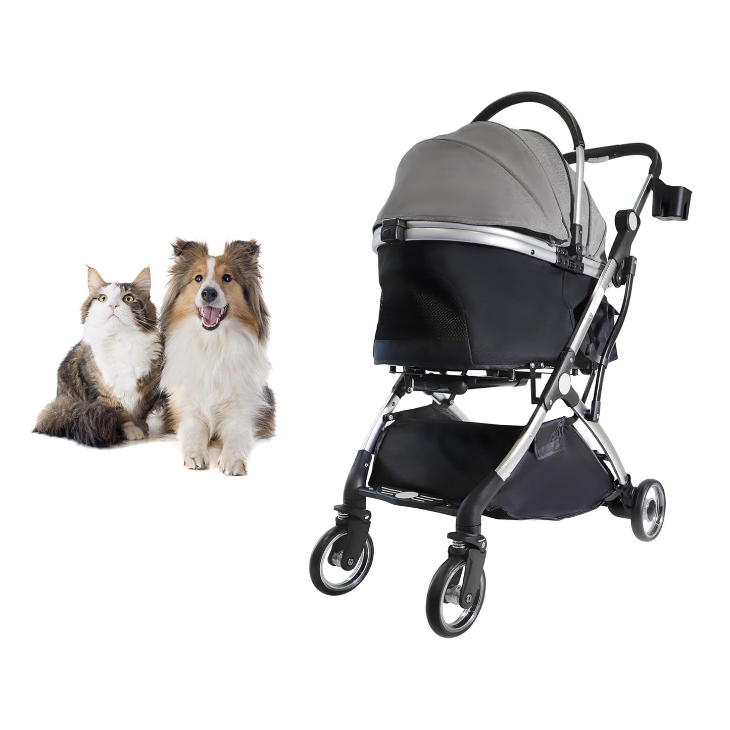 Dog Stroller for Small Medium Dogs, 3 in 1 Folding Pet Stroller Up to 33 lbs, 4 Wheels Pet Strolling Cart with Zipperless Entry, Cat Dog Travel Carrier with Telescopic Handle and Storage Basket - Pawvie