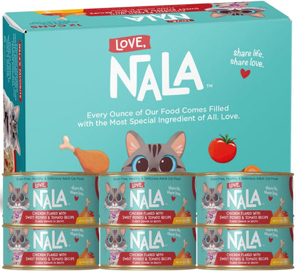 LOVE, NALA - Natural Adult Cat Wet Food - FLAKED Chicken, Sweet Potato, Tomato in Broth - Grain Free, Non-GMO, Digestive Fiber, Vitamins, Minerals - 12 Pack 2.4 lbs.