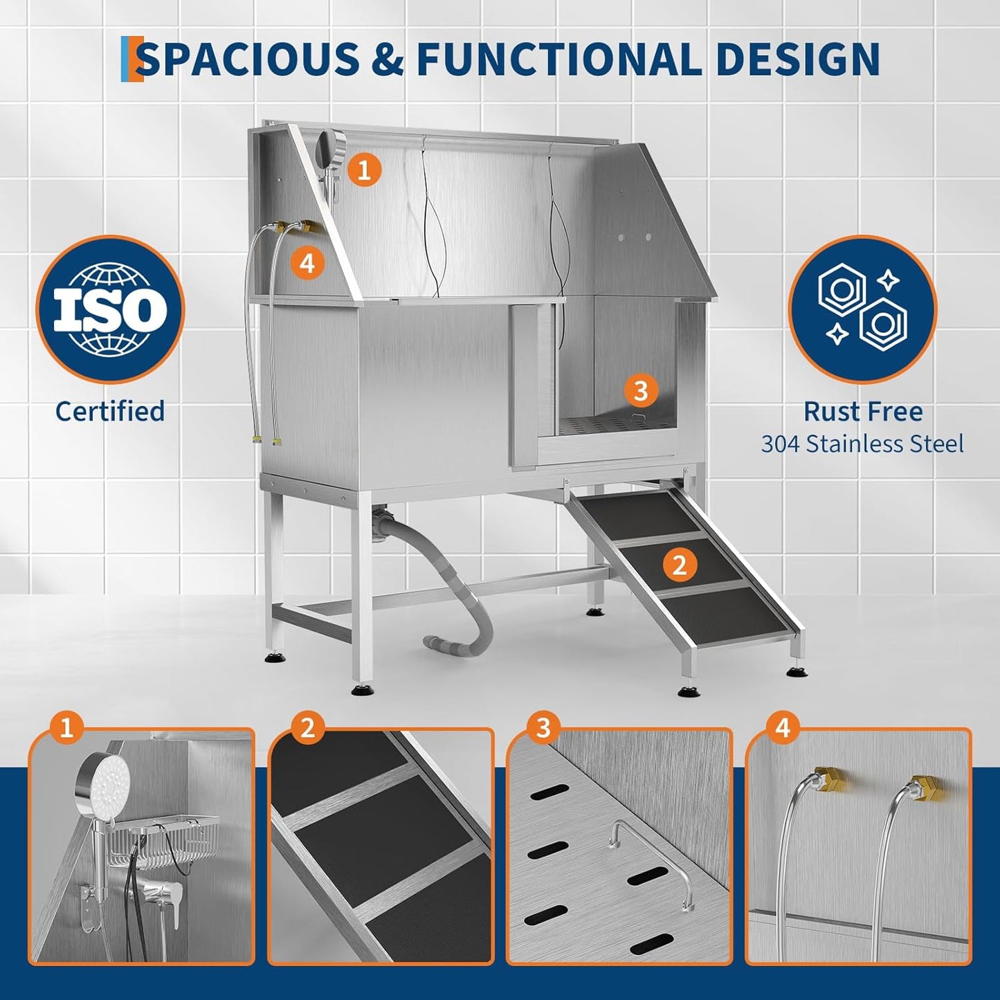50" Stainless Steel Professional Dog Washing Station - Pet Bathing Tub w/Non-Slip Ramps | Slip-Resistant Floor Grate | for Large/Medium/Small Dogs