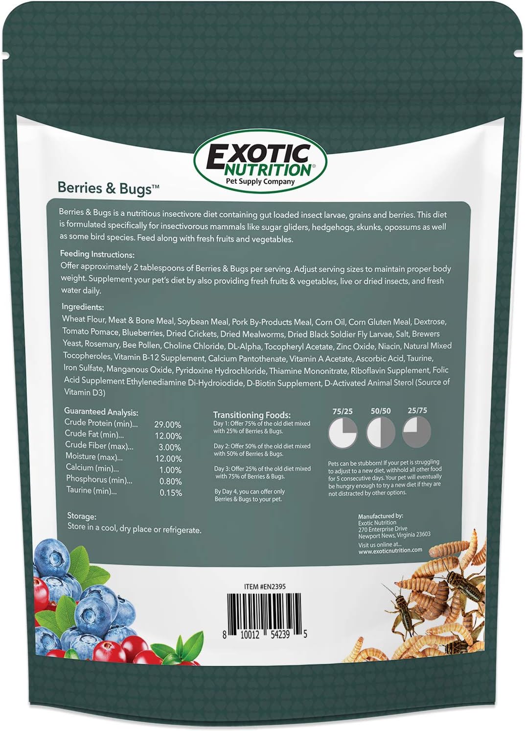 Berries & Bugs 1.5 lb - All Natural High Protein High Fiber Food for Hedgehogs, Skunks, Opossums, Sugar Gliders - Universal Insectivore Diet with Fruit, Gut-Loaded Insects, & Healthy Vitamins