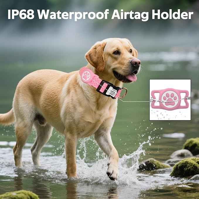 WhoseID Dog Collar with Waterproof AirTag Holder & Anti-Lost QR Code, Cute Bling Warpping Adjustable Width for Small Medium Large Pet (Red, L)