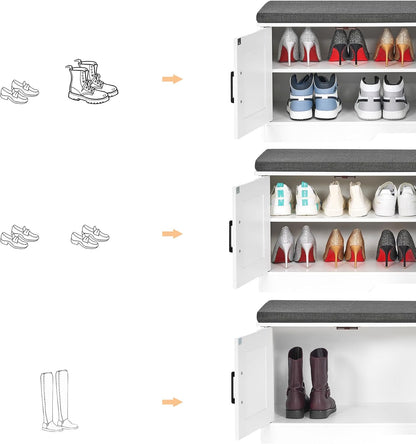 2-Tier Storage Bench, Shoe Bench with Padded Seat Cushion, Entryway Bench with 4 Barn Doors, Adjustable Shelf, 13.8" D x 47.2" W x 17.7" H, for Entryway, Living Room, Bedroom, White