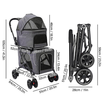 2 Tiers Pet Stroller,4 Wheel Dog Stroller Cat Strollers,3.07lbs Pet Gear Foldable Jogger Travel Cart,Grey Cat Carrying Cart with Storage Basket for Small Medium Pet (Grey)