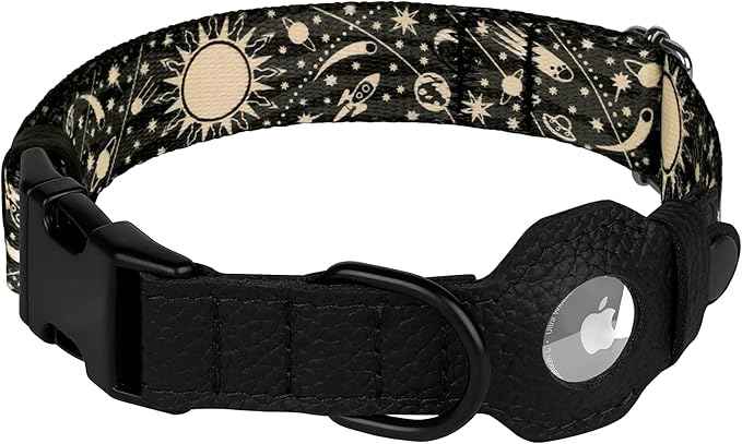 AirTag Dog Collar with Metal Buckle - Printed Nylon Soft Leather Dog Collar with Apple AirTag Holder - Secure Tracking GPS Pet Collars for Girl Boy Small Large Dogs (XL, 20"-25" Neck Fit, Space)