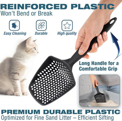 Set of 2 Cat Litter Scoop with Small Holes for Fine Litter, Hanging Handle Deep Reptile Terrarium Sand Sifter, Poop Scooper Rabbit Pooper Lifter Kitten Sifting Shovel (Black, Set of 2)