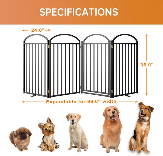 4 Panles Full Matel Freestanding Dog Gates with Door, 96"Extra Wide 36"Tall Free Standing Dog Pet Gate for Indoor & Outdoor. Foldable Pet Fences for Doorways, House, Stairs, Porch, Deck, Yard
