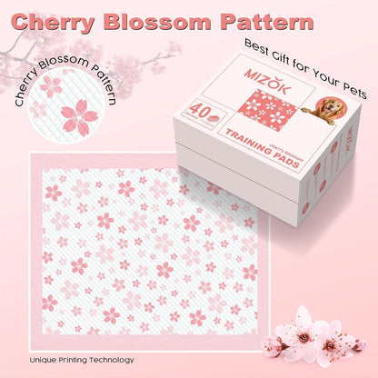 MIZOK Dog Pee Pads 28x34in Pink, Puppy Pads Extra Large Absorbent with Adhesive Tabs 6-Layer Leak-Proof Quick-Dry Design Odor Control for Potty Training, Cherry Blossom Prints (40 Counts)