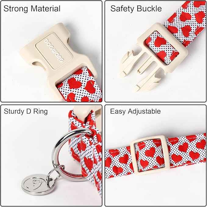 DOGWONG Valentine's Dog Collar - Red Heart Adjustable Cotton Heart Dog Collar - Perfect for Small to Medium Dogs