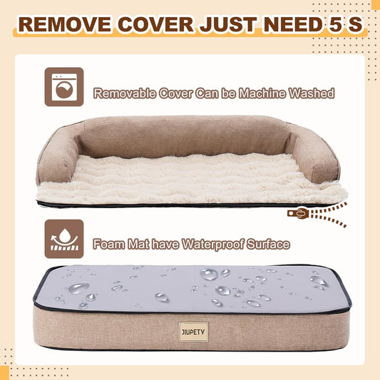 Jiupety Orthopedic Dog Bed for Large Dogs, Egg-Crate Foam Pet Couch Bed, Washable Pet Sofa with Removable Cover, Waterproof Lining and Anti-Slip Bottom, Brown, 35"x25"x7"