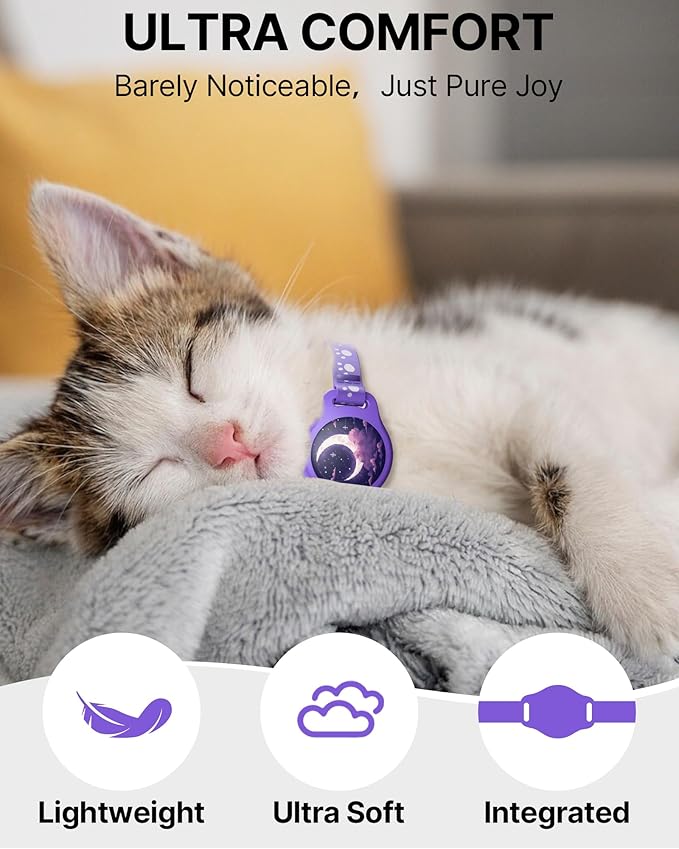 Cat Tracker Collar - Waterproof Airtag Cat Collar with Finder Tag (iOS ONLY), Compatible with Apple Find My, Breakaway Tractive Design with Reflective Pattern & Bell, Purple(Not for Android Devices)