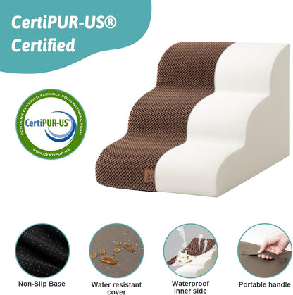 Dog Stairs for Small Dogs 15.7" H, Curved Dog Step for Puppy, Older Cat, Medium Pet Ramp for Sofa, Couch or Chair, Ladder with High Density Foam, 15.7x22.4x15.7 inch, 3 Step, Brown - Pawvie