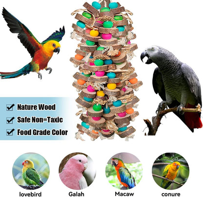 Large Bird Toys for Macaws, Multicolored Wooden Blocks Bird Chewing Toy Parrot Cage Bite Toy for Macaws Cokatoos African Grey and Large Medium Parrot Birds