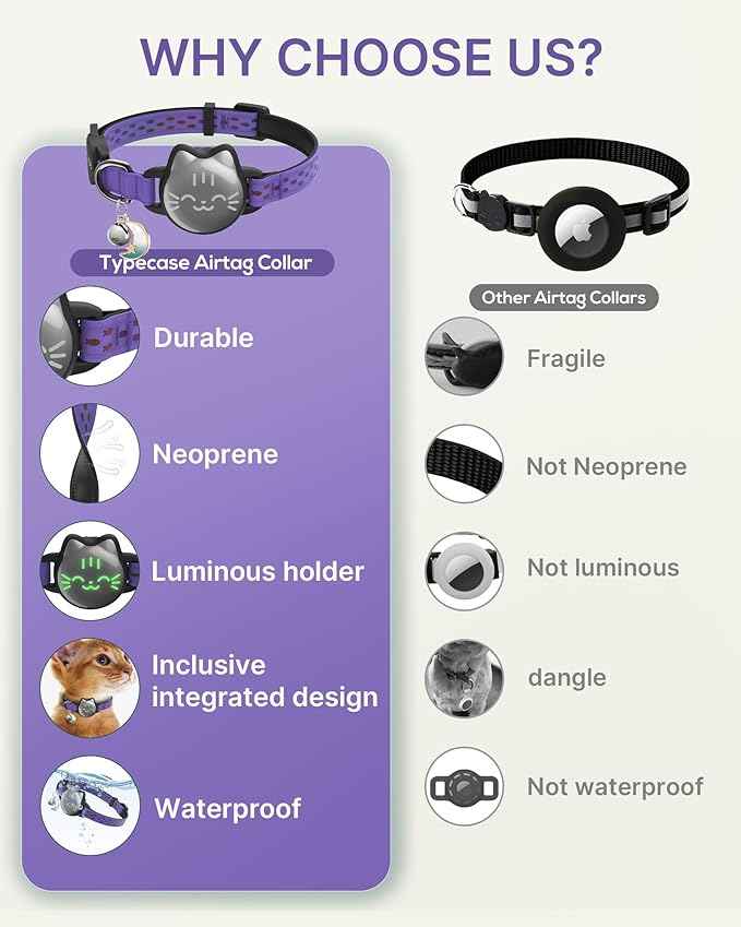 Waterproof Airtag Cat Collar, Breakaway Cat Airtag Collar with Luminous & Reflective Pattern Strap, Lightweight Kitten Collars for Apple Air tag, Hidden Holder for GPS Tracker - Cats, Kittens (9-13")