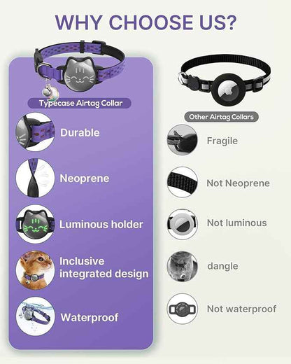 Waterproof Airtag Cat Collar, Breakaway Cat Airtag Collar with Luminous & Reflective Pattern Strap, Lightweight Kitten Collars for Apple Air tag, Hidden Holder for GPS Tracker - Cats, Kittens (9-13")