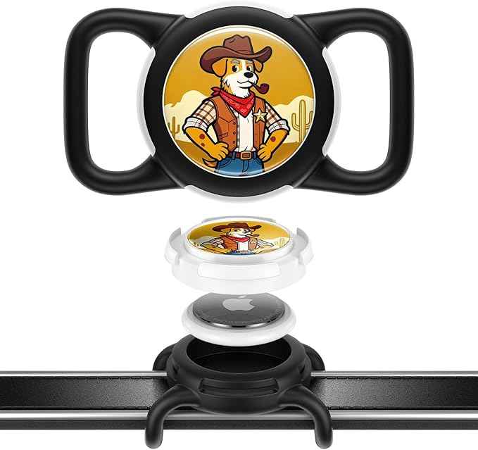 Dog AirTag Holder for Dog Collar, Soft Silicone Slide-On Case for Apple AirTag, No-Dangle Quiet Protective Holder with Eye-Catching Pet Character Designs, Black-Cowboy Sheriff