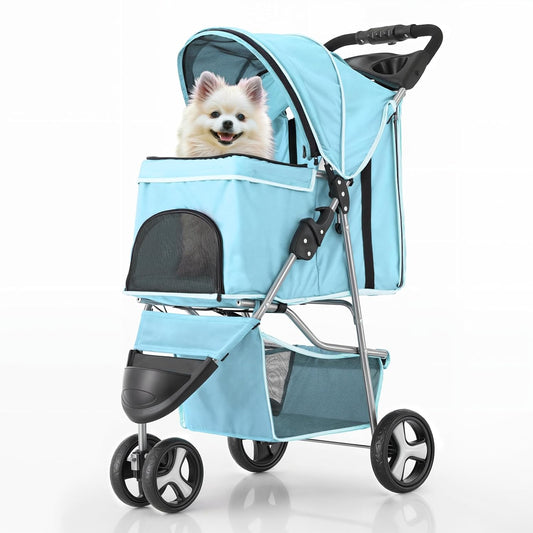 MoNiBloom 3 Wheels Pet Dog Cat Stroller for Small Medium Dogs Cats, Lightweight Foldable Jogger Stroller w/Storage Basket and Cup Holder, Mint Green - Pawvie