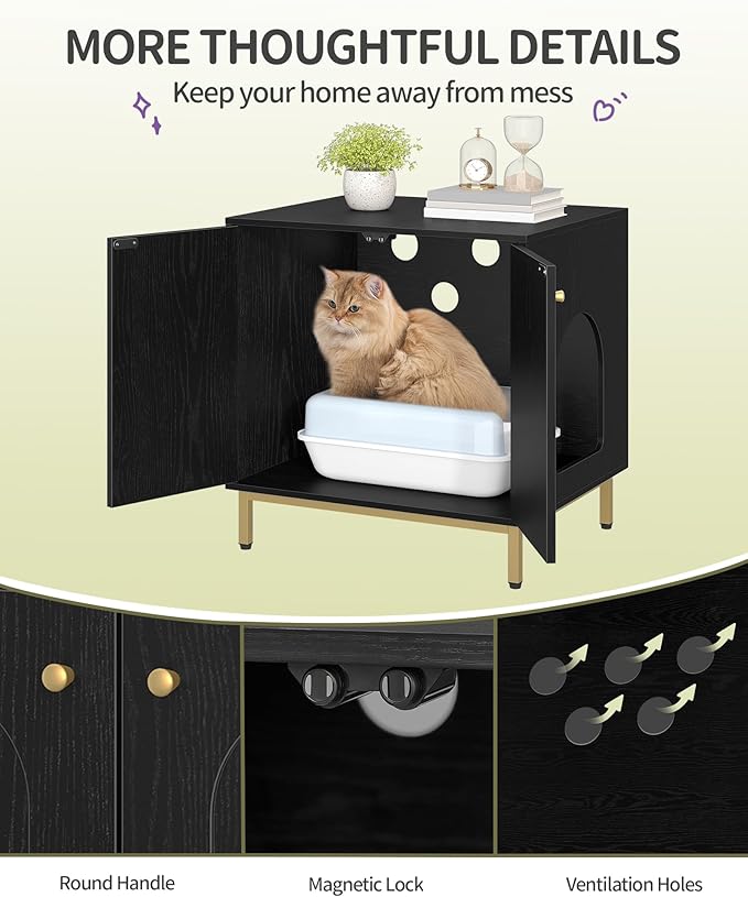 Cat Litter Box Enclosure, Hidden Litter Box Furniture Cabinet, Wooden Indoor Cat House, Side End Table, Living Room, Bedroom, Black and Gold CB81204G