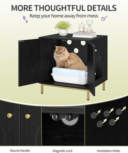 Cat Litter Box Enclosure, Hidden Litter Box Furniture Cabinet, Wooden Indoor Cat House, Side End Table, Living Room, Bedroom, Black and Gold CB81204G