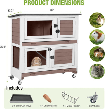 2-Story Rabbit Hutch Indoor Bunny Cage Wooden Guinea Pig House with Chew-Proof Ramp, Leakproof Slide-Out Trays, Lockable Caster Wheels for 1-3 Rabbits (Brown)