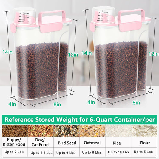 TBMax 2 Pack Cat Dog Food Storage Containers 10 to 14 Lbs, Portable Travel Pet Container Dispenser with Easy-Pouring Spout & Cup, Airtight Bird Seed Container Dog Treat Storage Bin -Pink