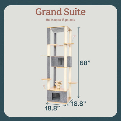 Ascentials - Grand Suite Cat Scratcher Playground - Tall Cat Tower Playground Structure, Sisal Scratching Areas, Grey Felt, Bamboo Veneer w/Linen & Velvet Surface Areas