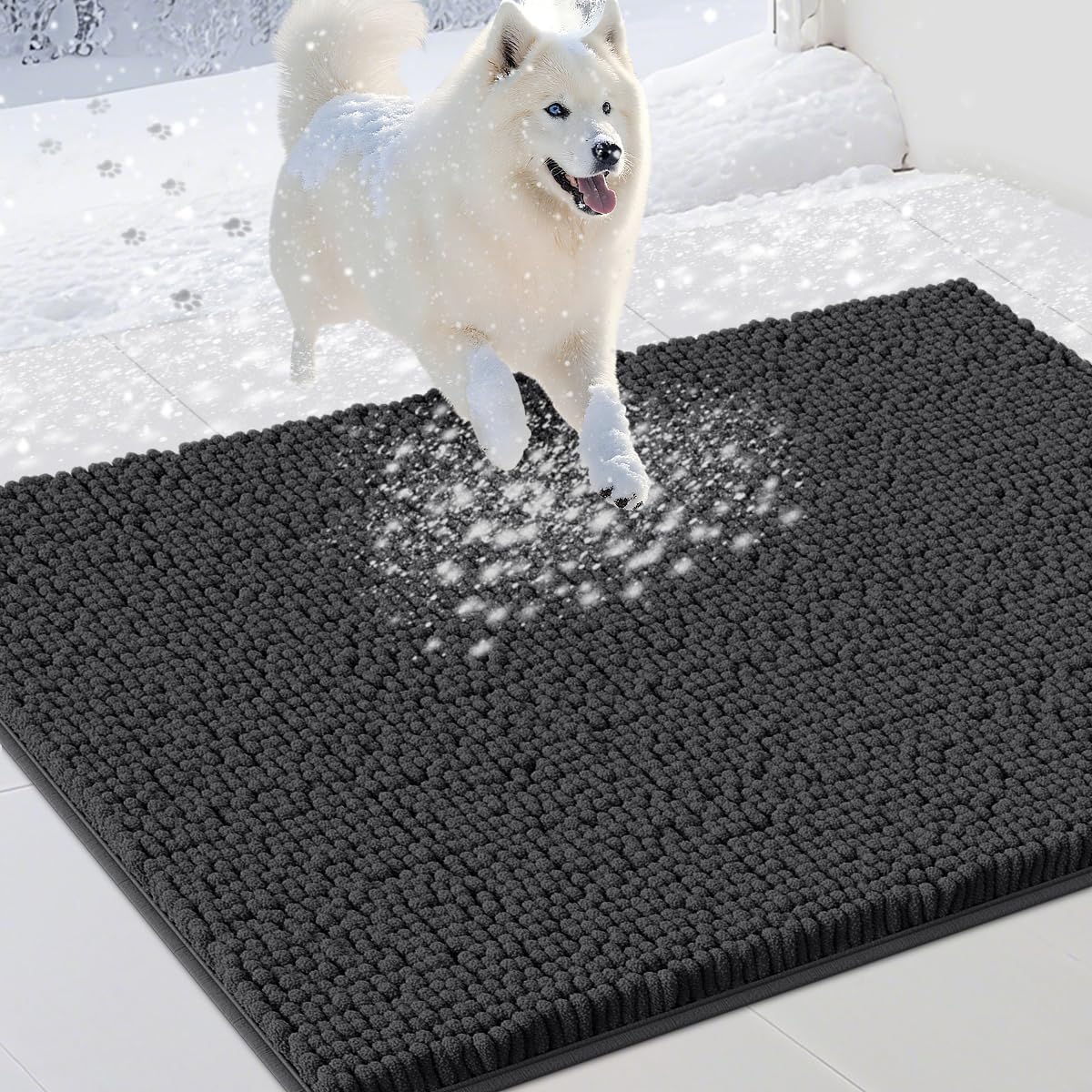 Dog Door Mats for Muddy Paws, Chenille Absorbent Door Mats, Non Slip Heavy Mud Mat for Dogs, Soft Indoor Door Mat for Entryway, Mud Paws, Inside Floor,36" X 24", Dark Grey