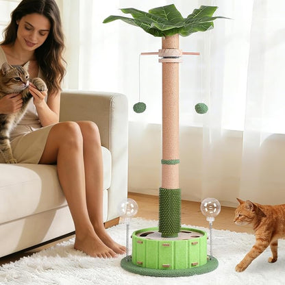 40" Tall Cat Scratching Post, Scratching Posts for Indoor Cats Adults and Kittens with Rotating Hanging Ball, Interactive Cat Puzzle Toy and Spring Cat Treat Dispenser, Palm Tree Scratch Post for Cats