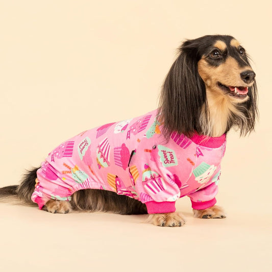 Fitwarm Cupcake Dog Pajamas, Birthday Outfit for Small Dogs Girl, Cozy Pet Onesie with Feet, Pink, XL
