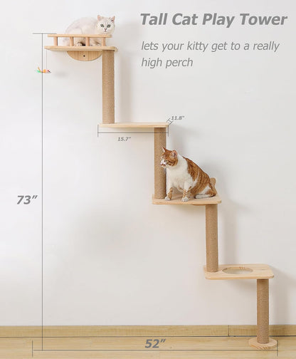 Cat Tree Wall Mounted with 4 Levels Shelves, 73" Wood Corner Tower Inside Kitten Playground for Climbing,Playing and Lounging (Right to Left)
