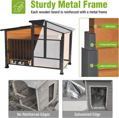 GUTINNEEN Heated Dog House Outdoor Dog Kennel with Safe Heated Pad, Chew-Proof Metal Frame and Rotating Food Bowl for Small to Medium Dogs, 39.7"x25.5"x32.2" (Dark Brown)