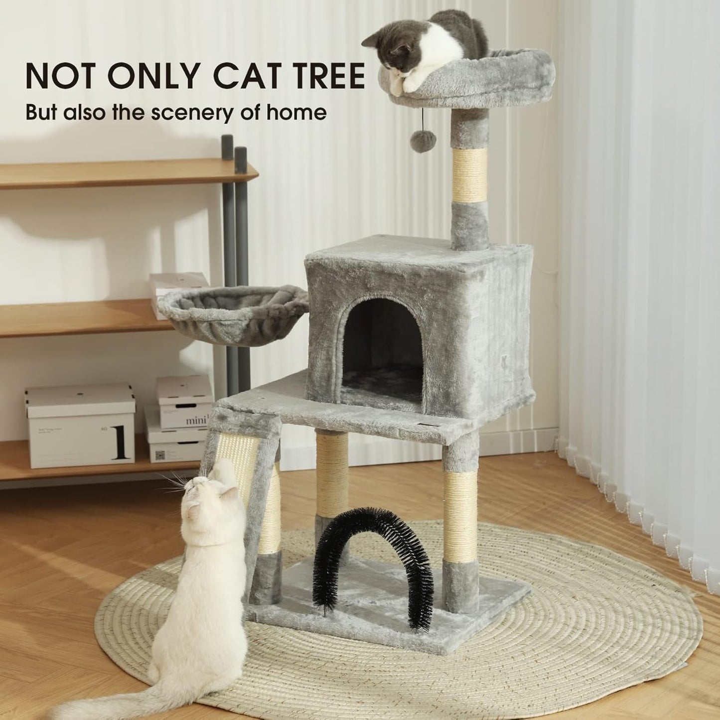 HOOPET 44IN Cat Tree for Indoor Cats - Multi-Level Cat Tower with Hammock, Condo, Scratching Posts, Self-Grooming Brush & Play Ball - Space-Saving Cat Furniture for Small Apartments